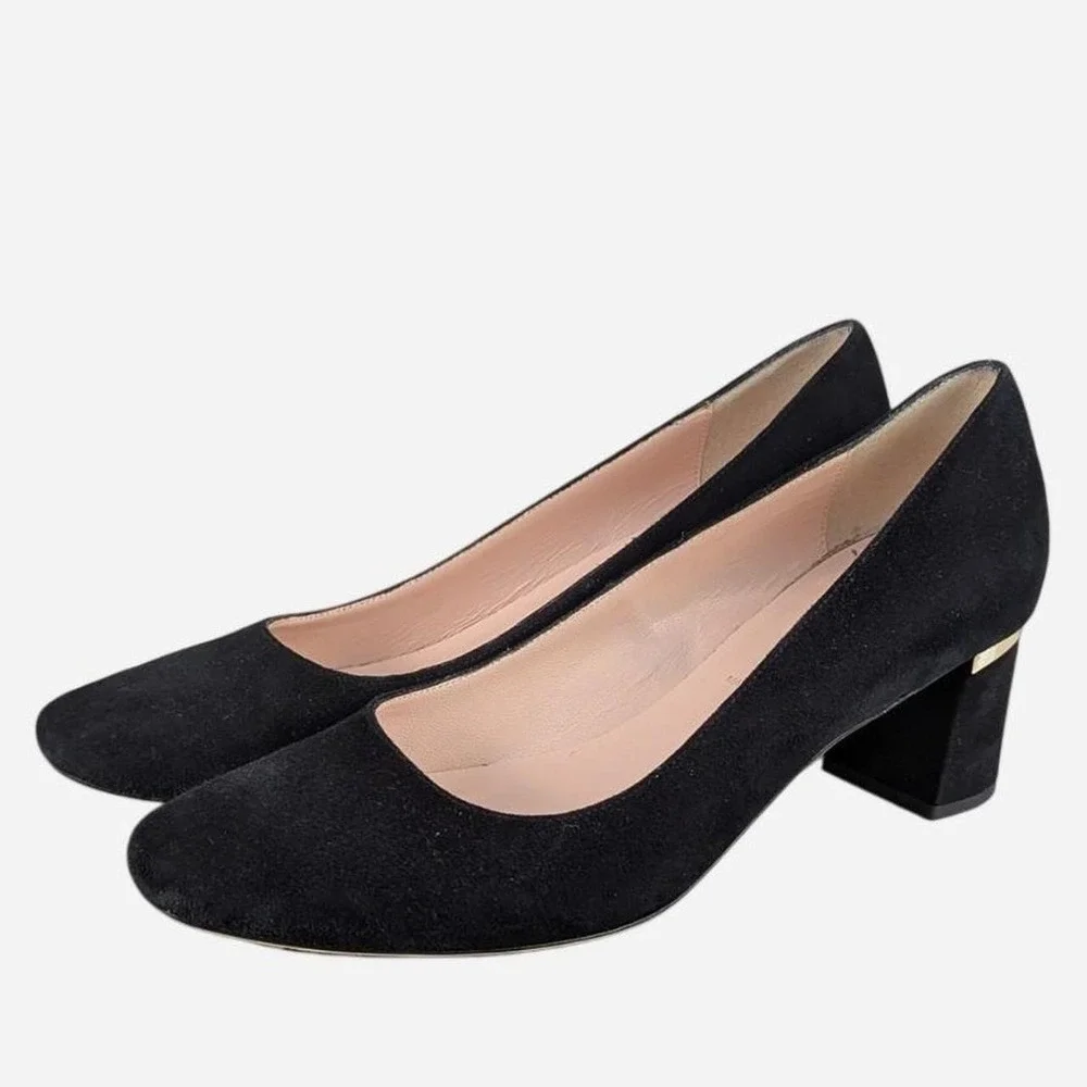 Kate Spade New York Black Suede Block Heel Pump Gold Hardware Size 7.5